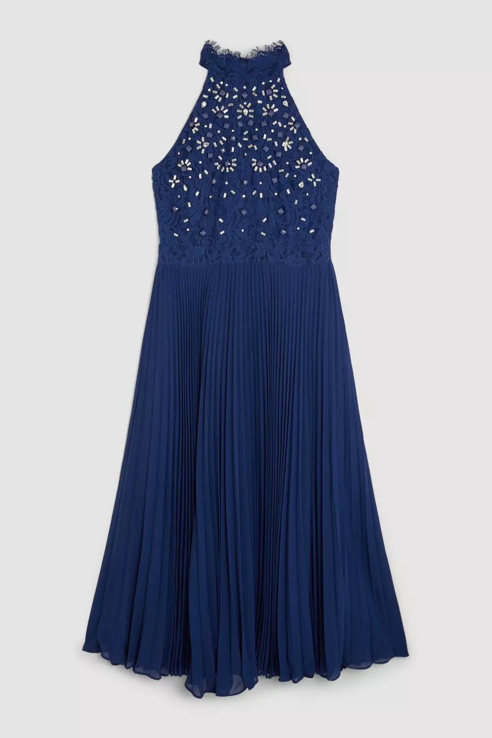 Lace Embellished Halter Pleated Woven Midi Dress