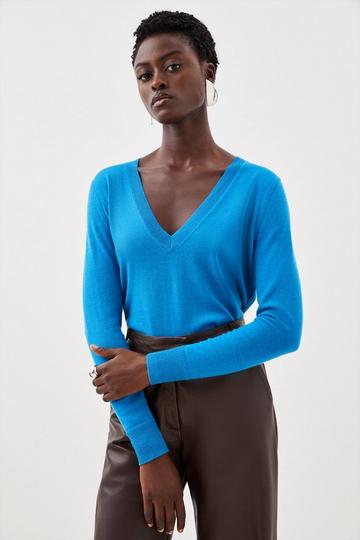 Blue Merino Wool Deep V Neck Knit Sweater