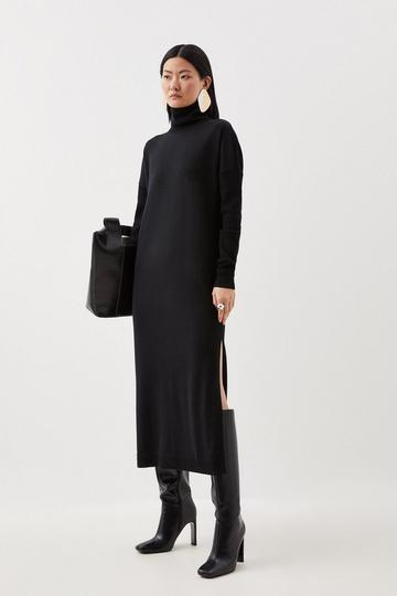 Merino Wool Relaxed Fit Roll Neck Knit Midaxi Dress black