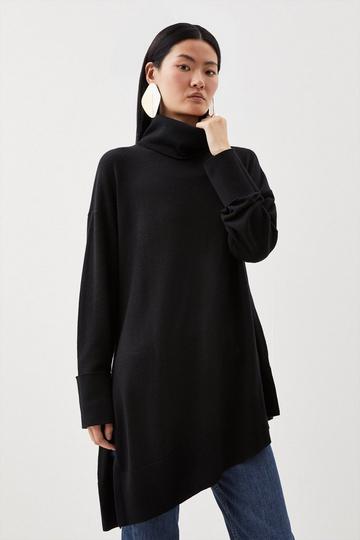 Black Merino Wool Asymmetric Funnel Neck Knit Sweater
