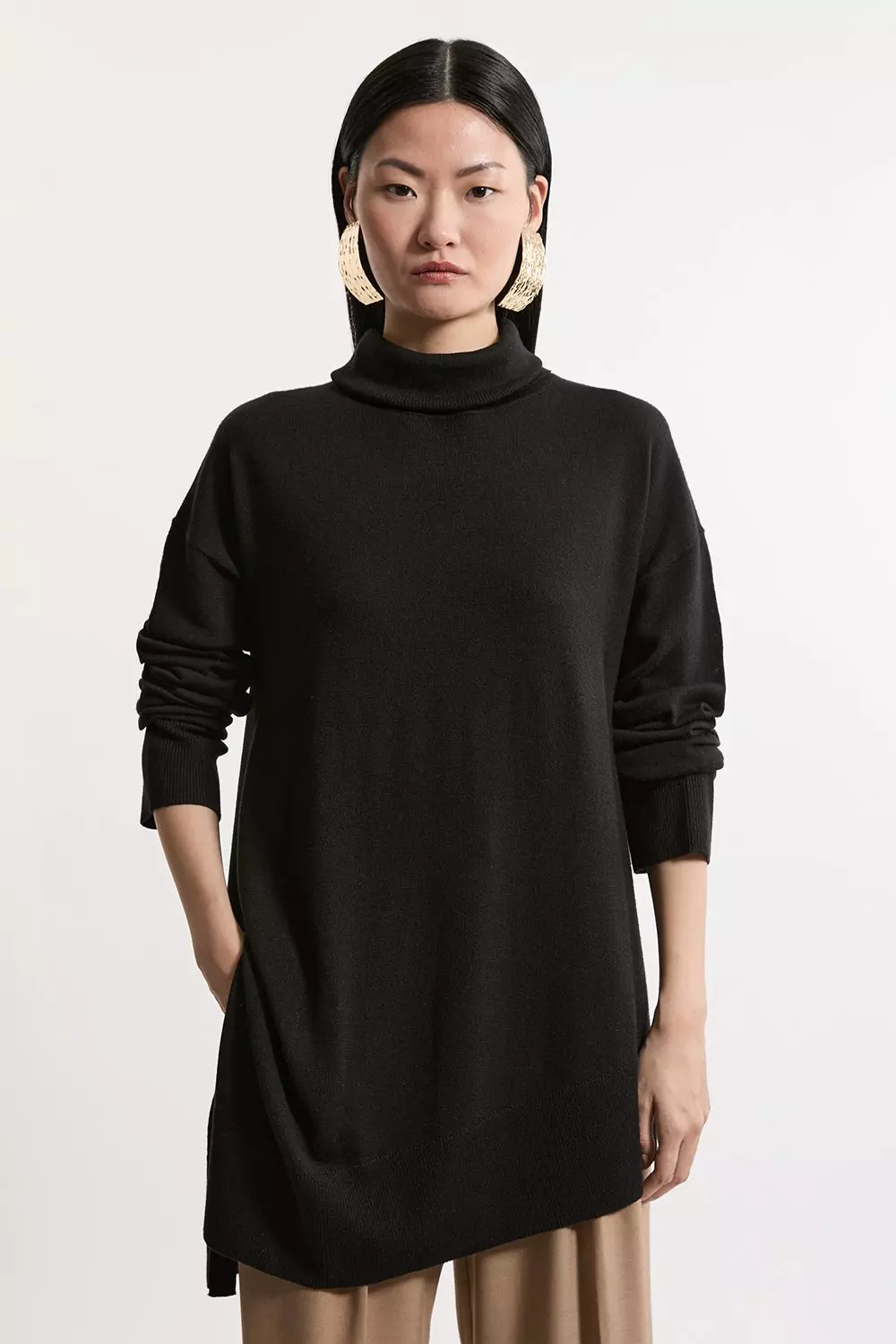 Merino Wool Asymmetric Funnel Neck Knit Sweater