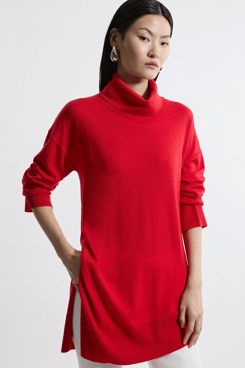 Merino Wool Asymmetric Funnel Neck Knit Jumper - Red