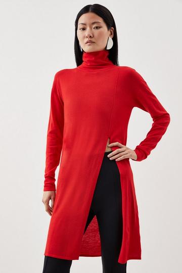 Red Cashmere Blend Deep Slip Longline Knit Top