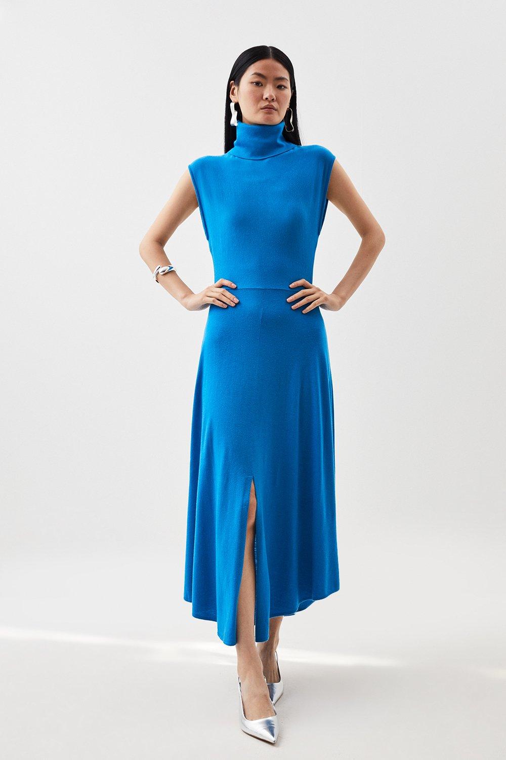 Cashmere Blend Sleeveless Roll Neck Midaxi Knit Dress - Blue