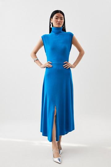 Blue Cashmere Blend Sleeveless Roll Neck Midaxi Knit Dress