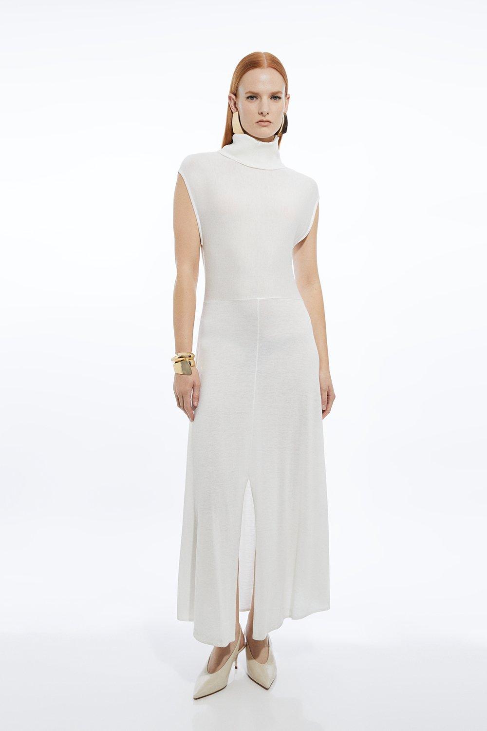 Cashmere Blend Sleeveless Roll Neck Midaxi Knit Dress - Ivory