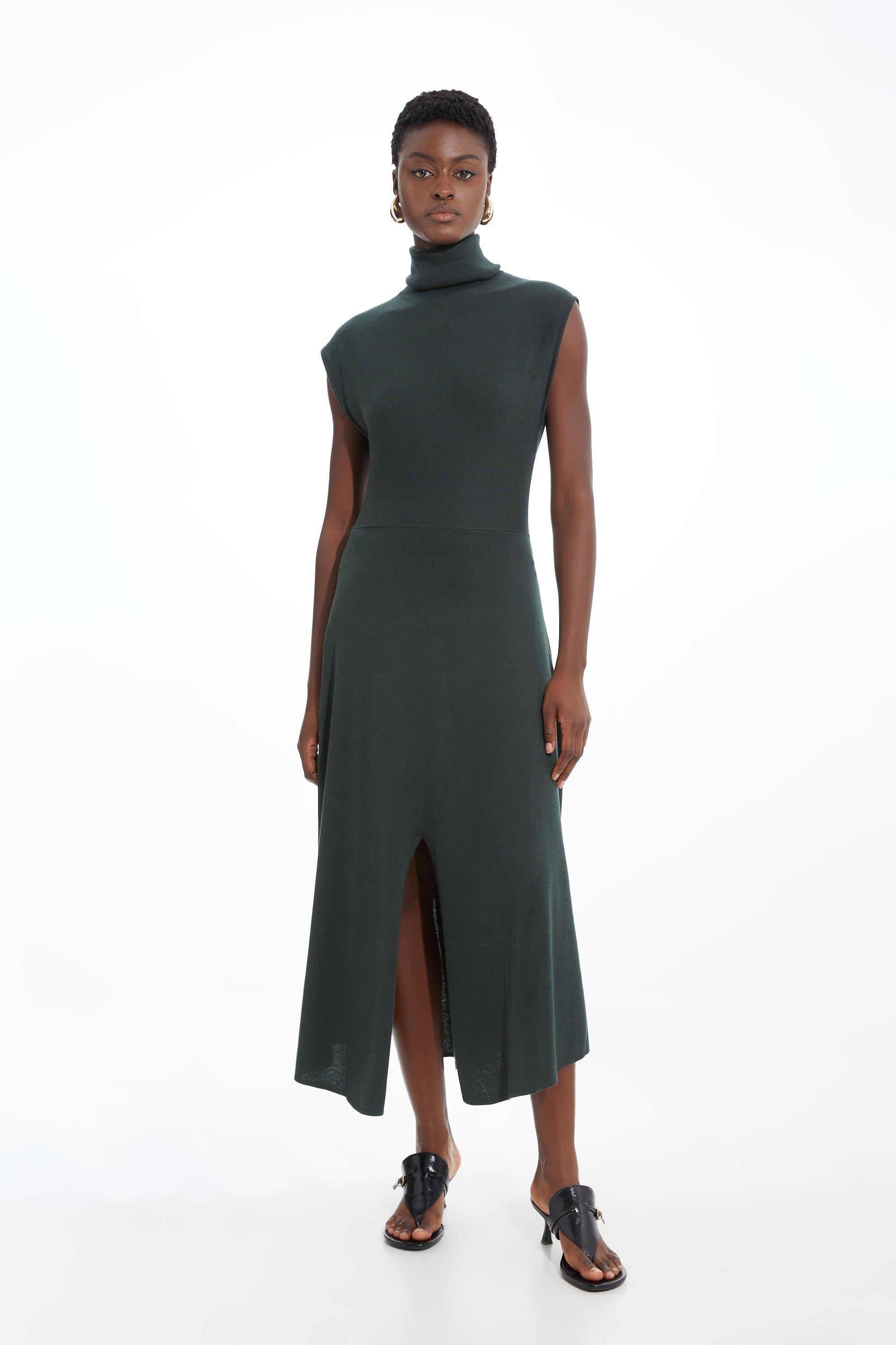 Cashmere Blend Sleeveless Roll Neck Midaxi Knit Dress - Olive