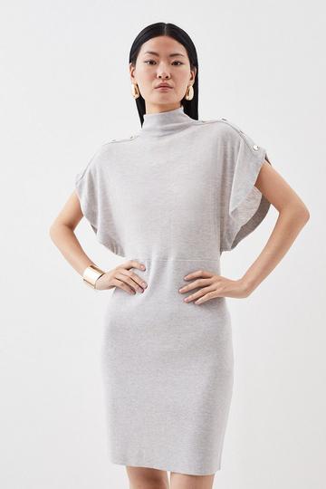 Grey Cashmere Blend Funnel Neck Cap Sleeve Mini Knit Dress