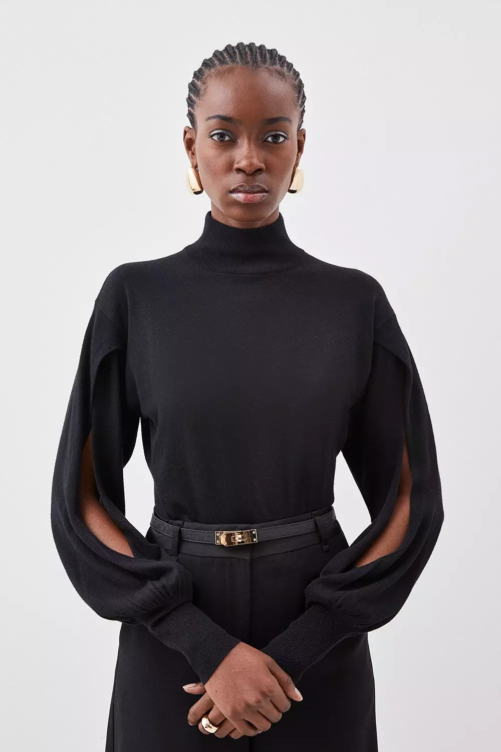 Cashmere Wool Roll Neck And Split Sleeve Knit Top | Karen Millen