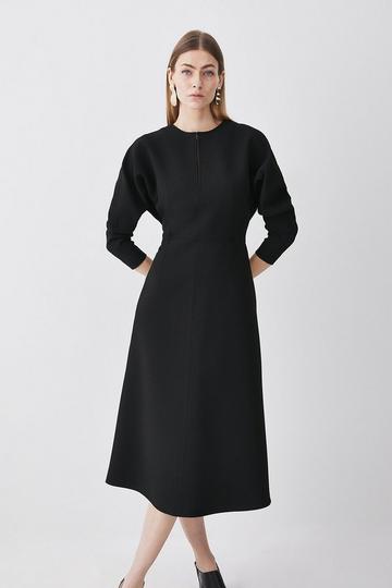 Black Structured Crepe Keyhole Rounded A Line Midi Dress