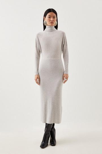 Grey Cashmere Blend Batwing Pencil Knit Dress