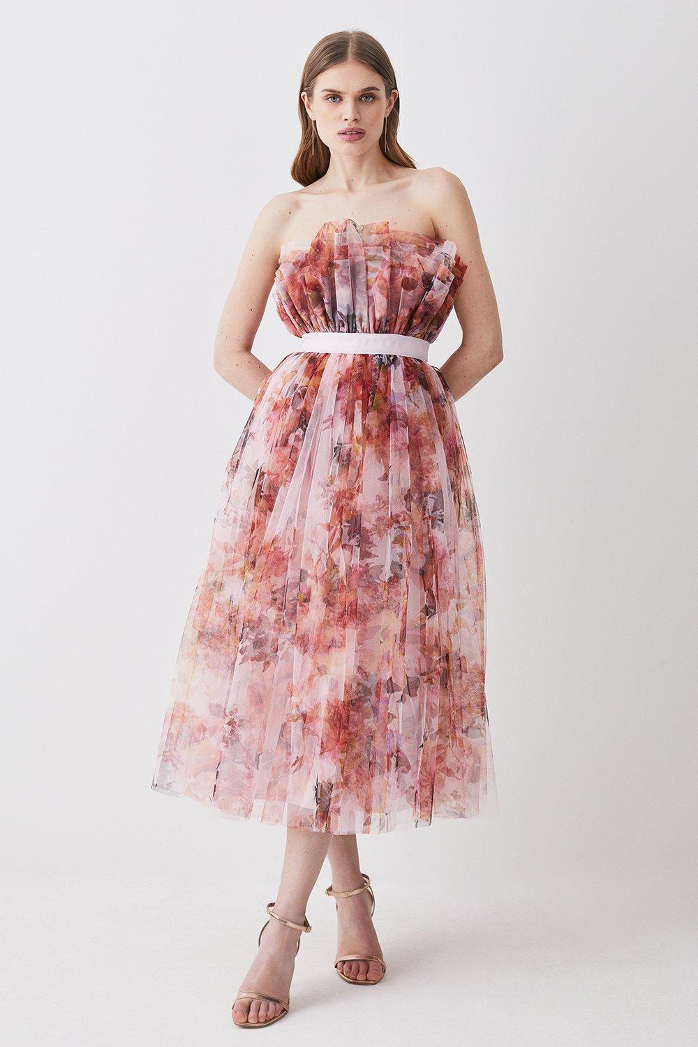 Floral Corseted Tulle Midi Dress | Karen Millen