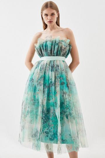 Floral Corseted Tulle Midi Dress green