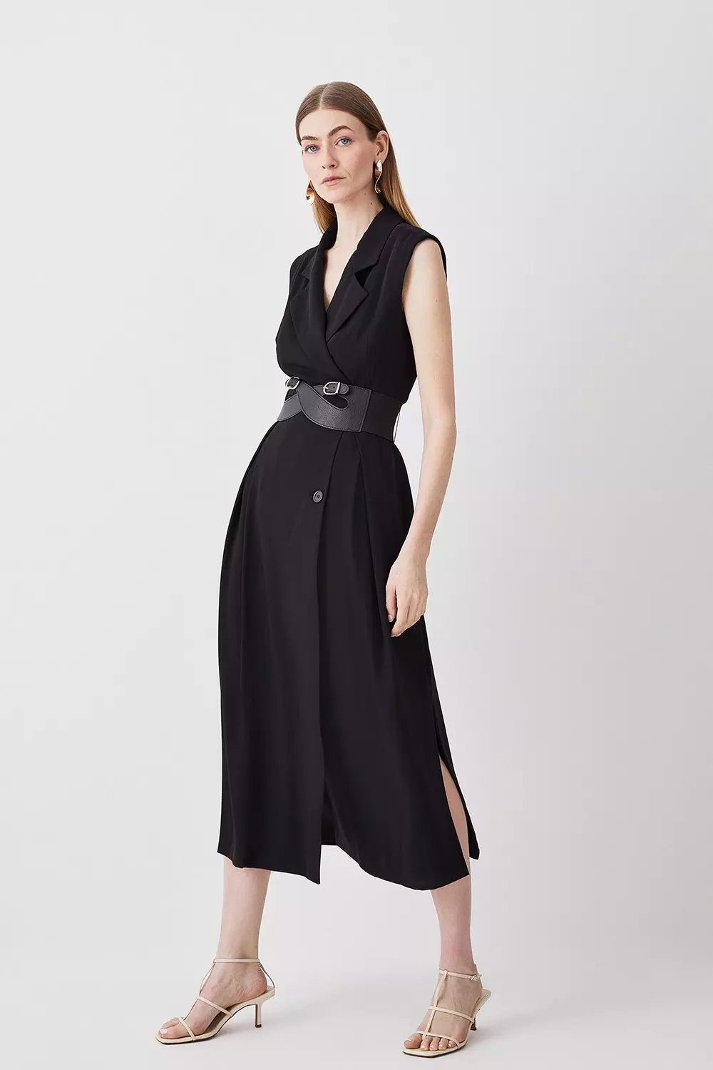 TAILORED WAIST MIDI DRESS - Black