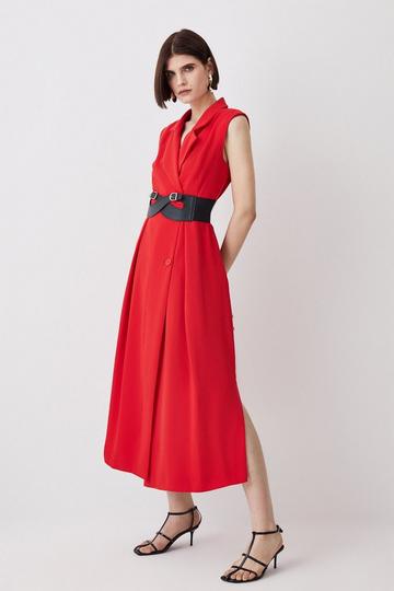 Red Tailored Strong Shoulder Belted Midi Dress