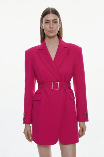 Pink Structured Crepe Belted Wide Shoulder Longline Blazer