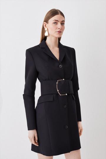 Compact Stretch Belted Aline Blazer Dress black