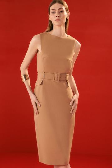 The Founder Plus Compact Stretch Belted Pencil Dress camel