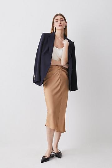 Satin Ruched Front Midi Skirt camel