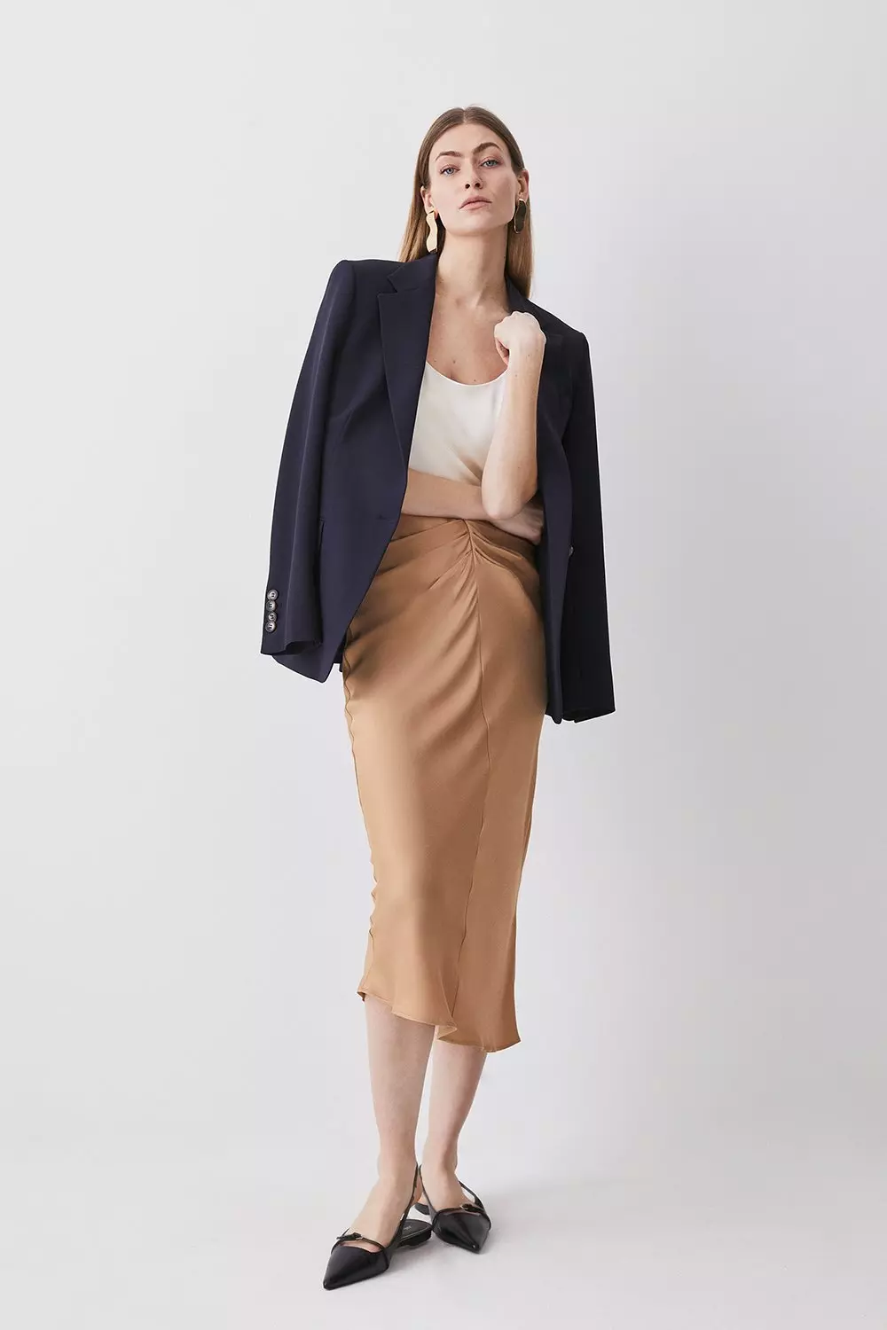 Satin Ruched Front Midi Skirt Karen Millen