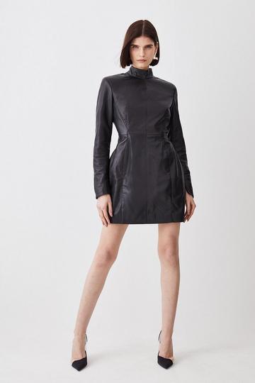 Black Leather High Neck Structured Mini Dress