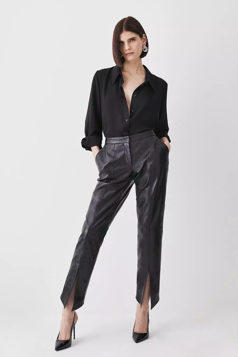 Taking Over Faux Leather Front Split Pants (Black)