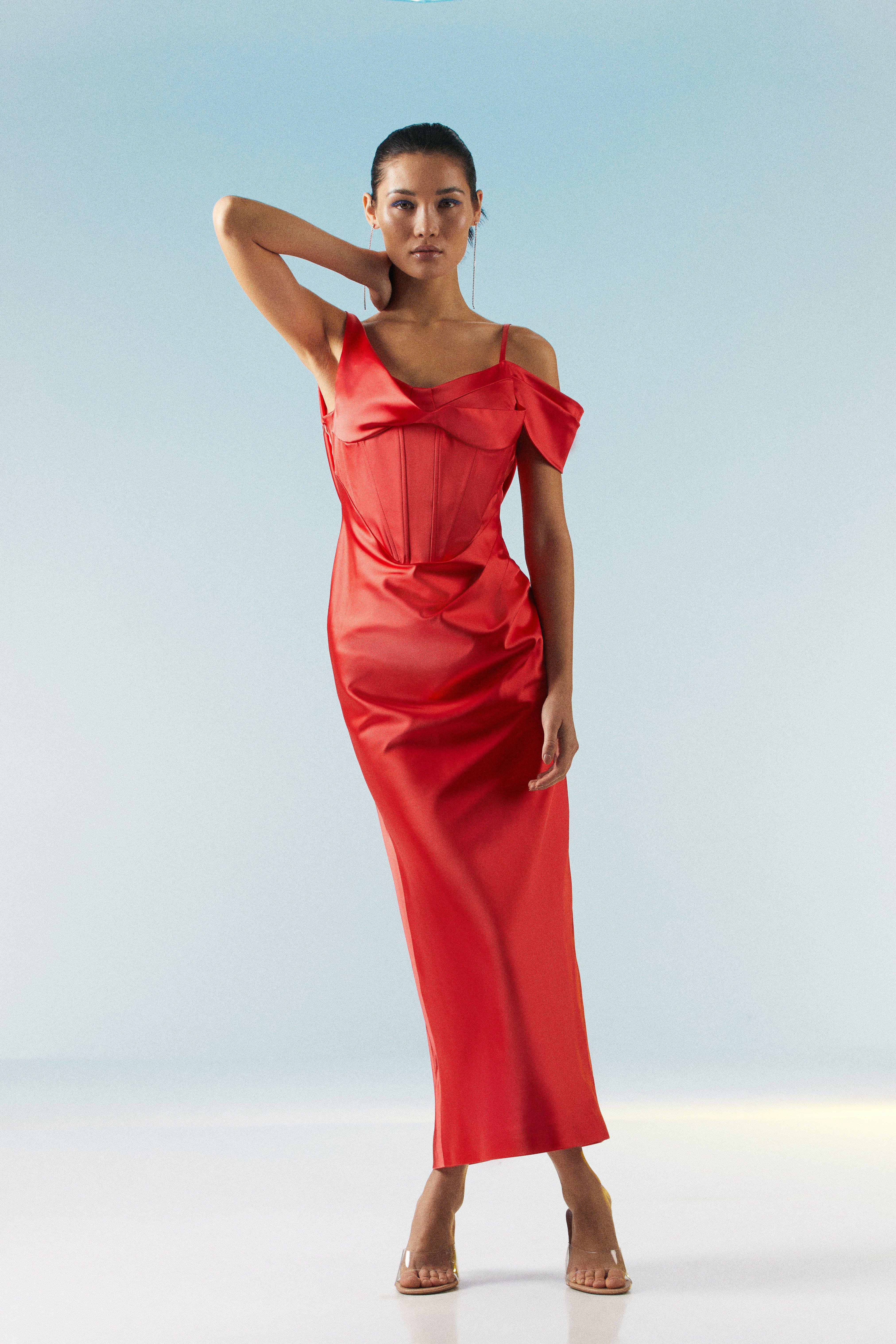 OOTO Italian Structured Satin Drape Column Midaxi Dress