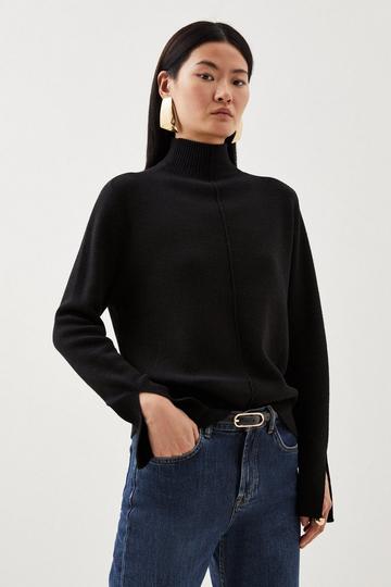 Black Premium Alpaca Wool Blend Funnel Neck Knit Top With Split Sleeve
