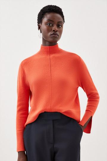 Orange Premium Alpaca Wool Blend Funnel Neck Knit Top With Split Sleeve