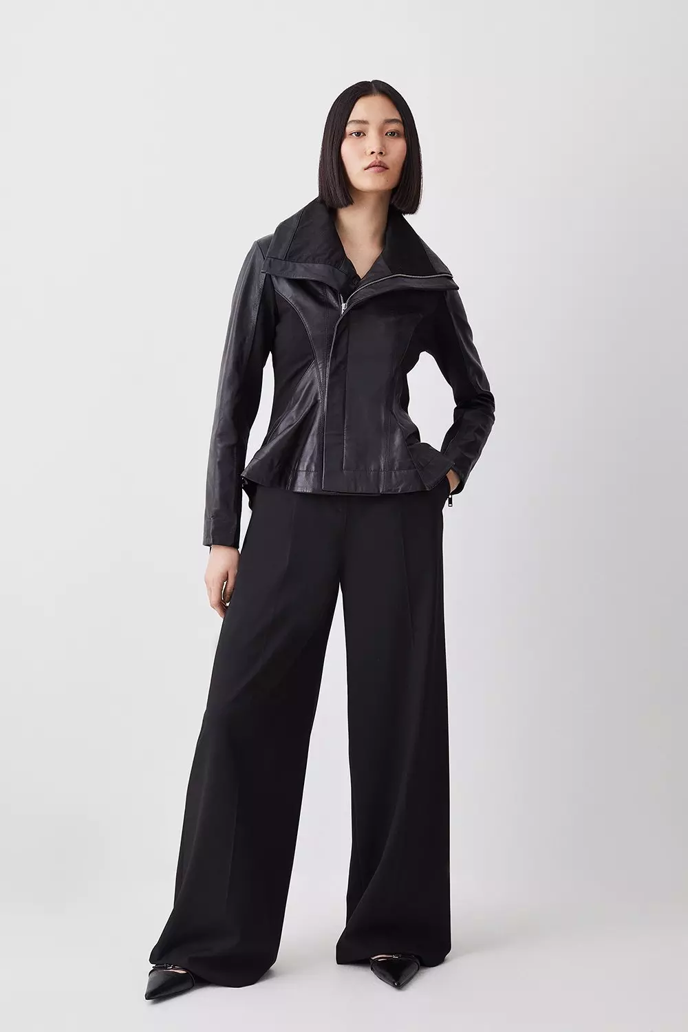 Leather Drape And Ponte Waterfall Hem Jacket