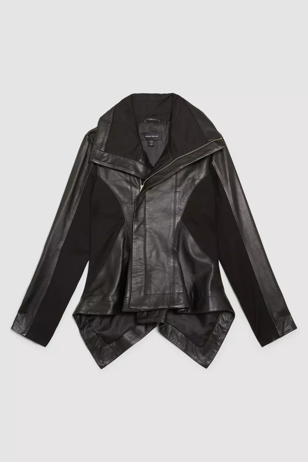 VEGAN LEATHER AND PONTE DRAPE FRONT JACKET