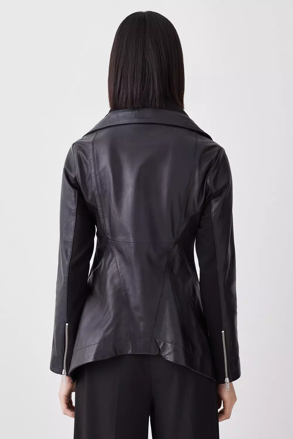 VEGAN LEATHER AND PONTE DRAPE FRONT JACKET