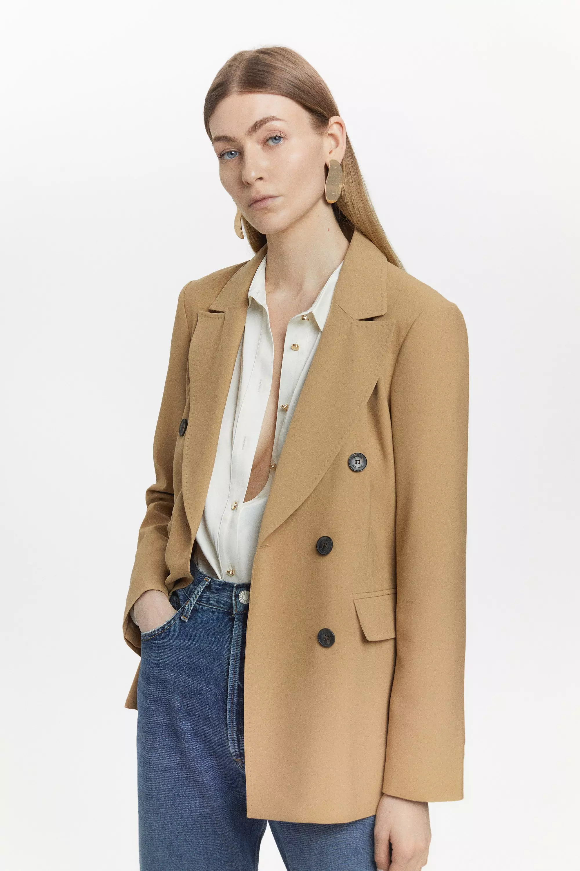 Camel Wool Look Double Breasted Blazer