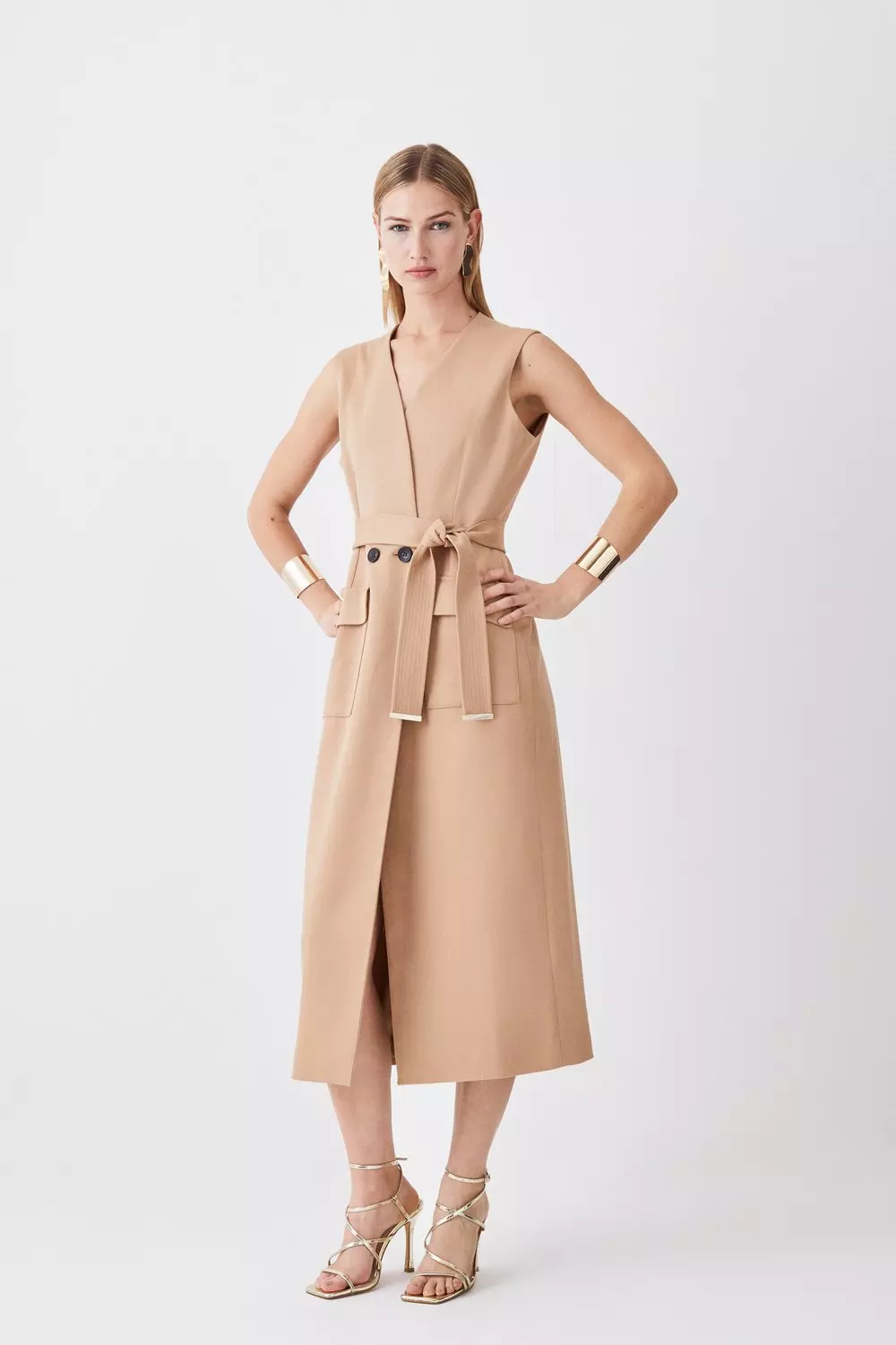 Relaxed Tailored Sleeveless Belted Blazer Midi Dress Karen Millen