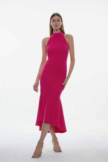 Pink Compact Stretch Waterfall Hem High Neck Midi Dress