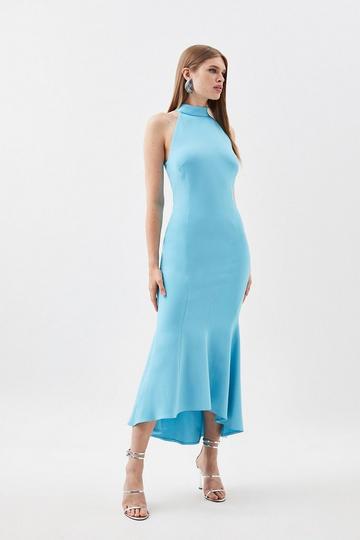 Turquoise Blue Compact Stretch Waterfall Hem High Neck Midi Dress