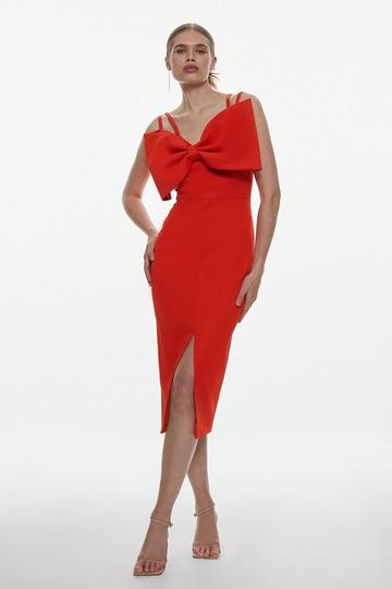 Red Italian Structured Rib Bow Bodice Midi Pencil Dress