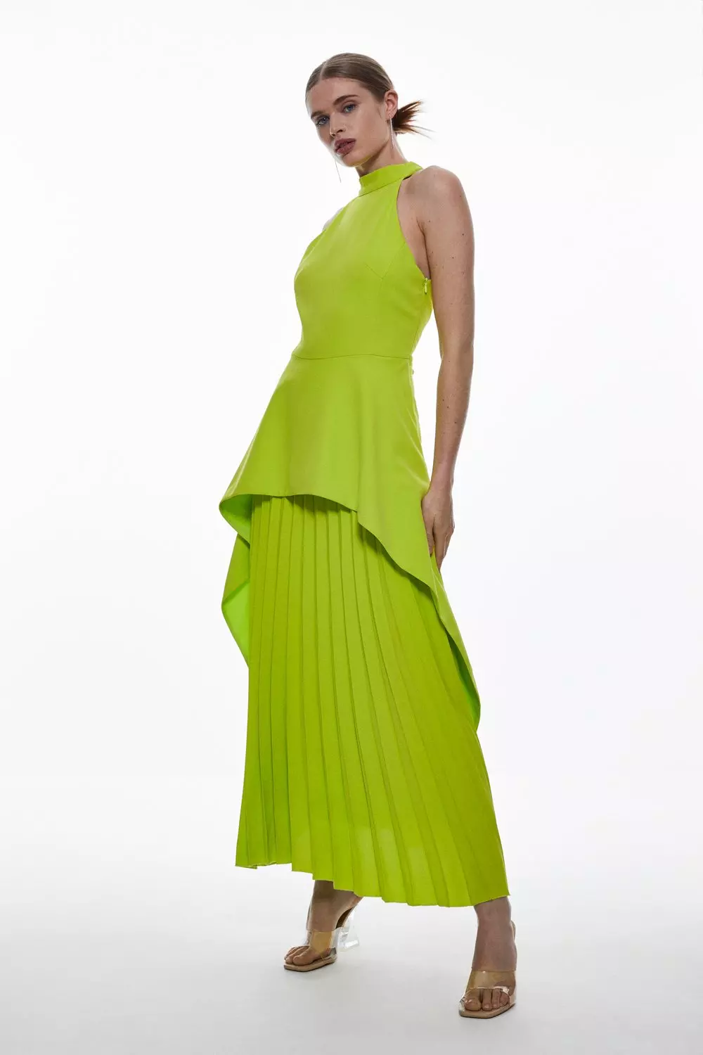 Soft Tailored Waterfall Halter Maxi Dress