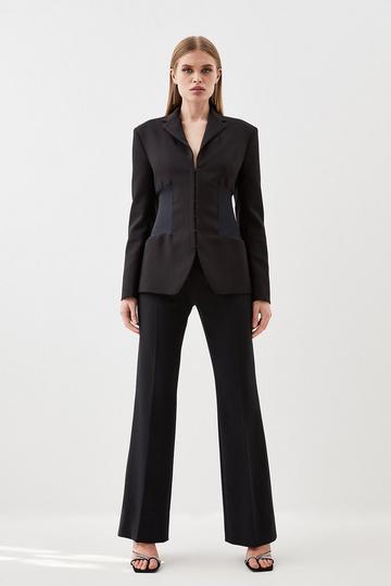 Black Compact Stretch Contrast Panel Detail Flared Trouser