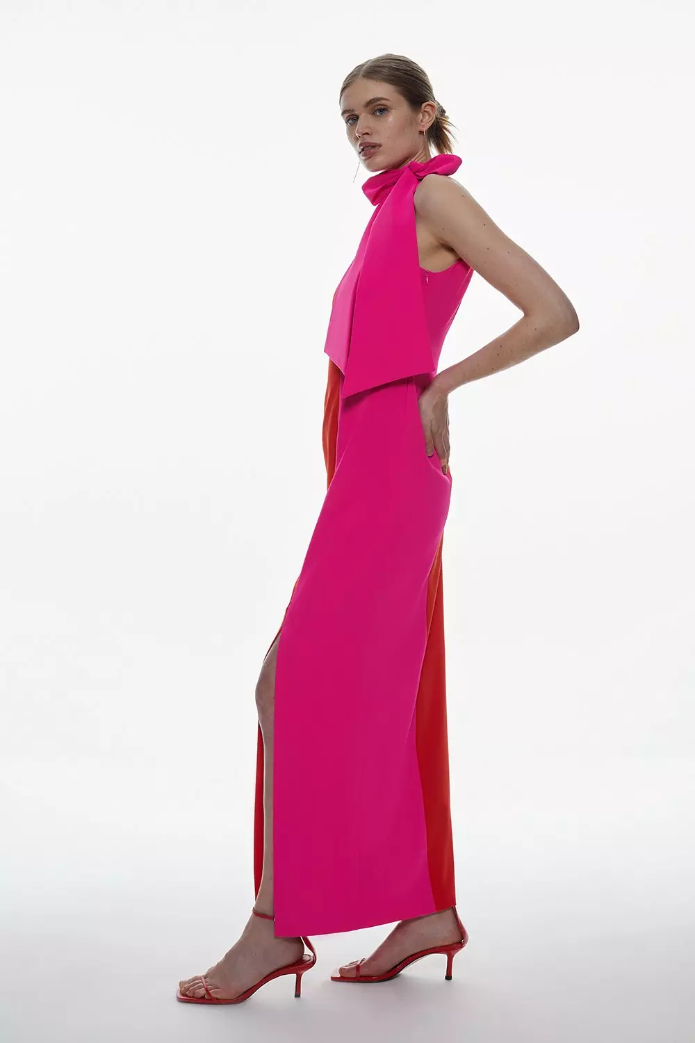 Soft Tailored Tie Neck Contrast Panel Maxi Dress Karen Millen