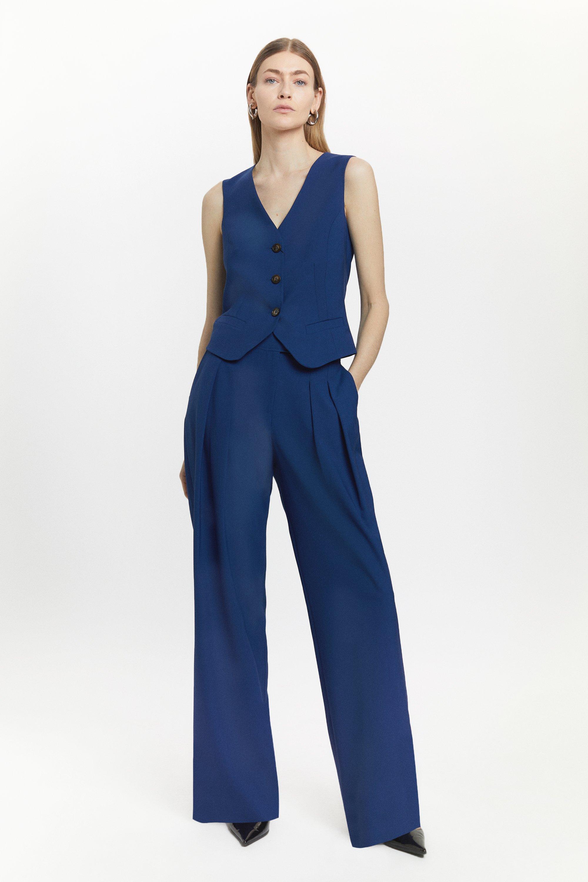 Polished Stretch Wool Blend Pleated Wide Leg Trousers