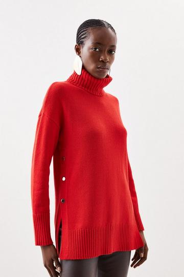 Cashmere Blend Turtleneck Knit Longline Sweater red
