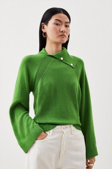 Green Cashmere Cotton Blend Envelope Neck Knit Jumper