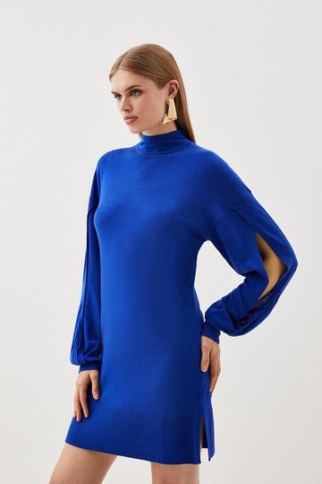 Cashmere Blend Roll Neck And Split Sleeve Knit Mini Dress cobalt