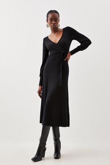 Cashmere Blend Wrap Full Sleeve Belted Knit Midi Dress black