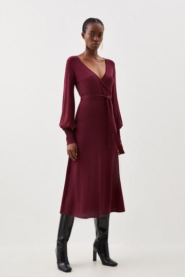 Burgundy Red Cashmere Blend Wrap Full Sleeve Belted Knit Midi Dress