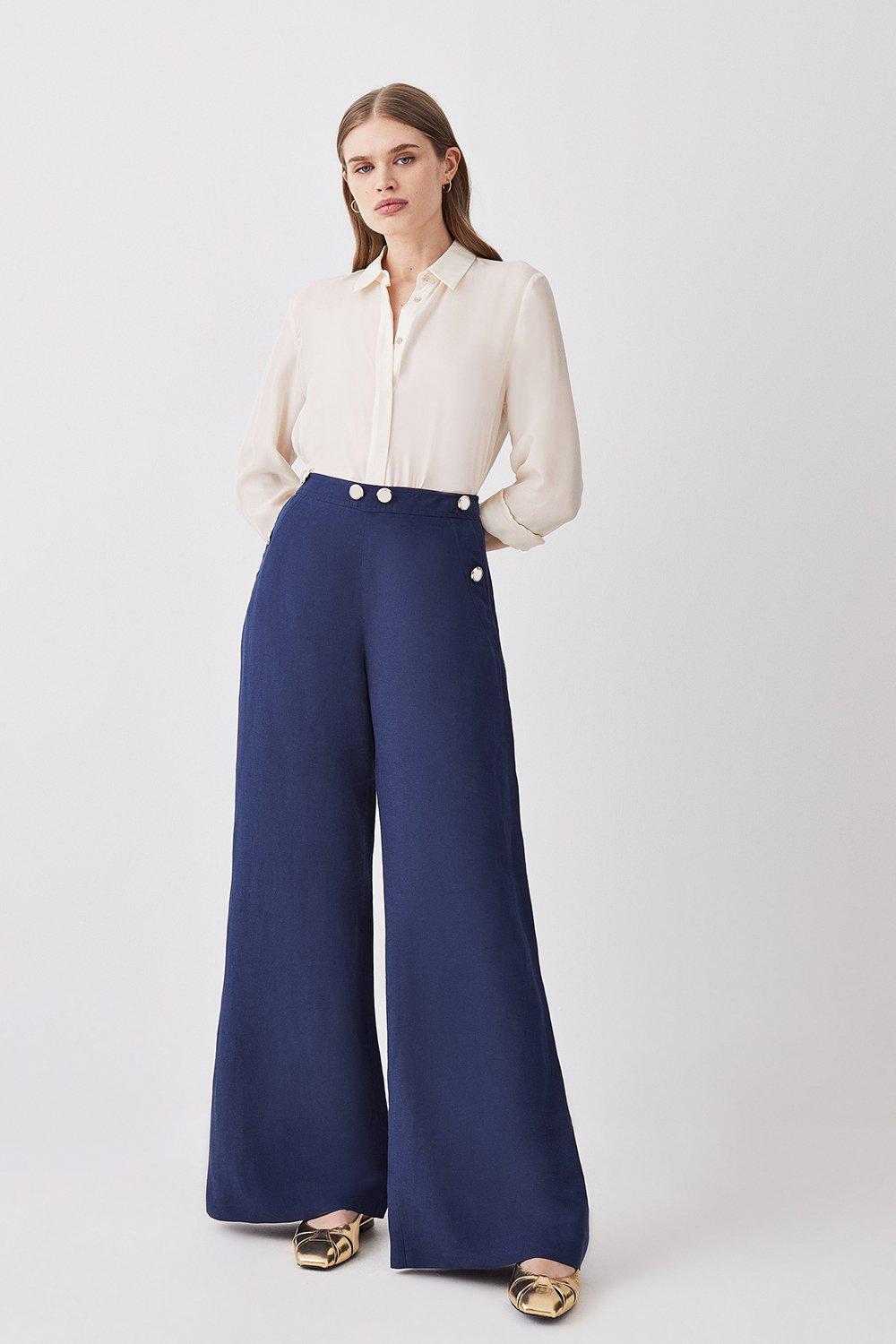 Petite Linen Nautical Button Detail Wide Leg Trousers | Karen Millen