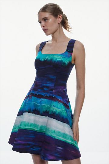 Blue Painterly Stripe Full Skirted Mini Dress
