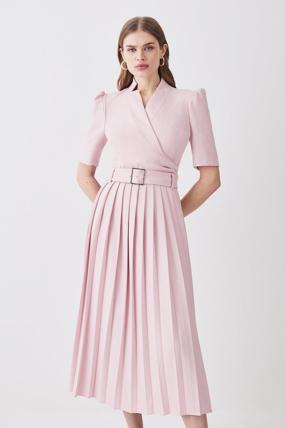 Tailored Structured Crepe Turtleneck Belted Midi Dress