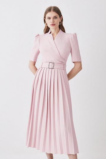 Blush Pink Structured Crepe Notch Neck Wrap Belted Forever Midi Dress